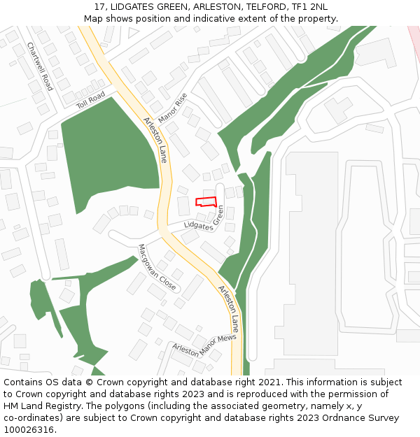 17, LIDGATES GREEN, ARLESTON, TELFORD, TF1 2NL: Location map and indicative extent of plot
