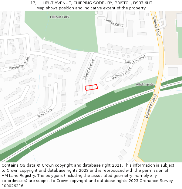 17, LILLIPUT AVENUE, CHIPPING SODBURY, BRISTOL, BS37 6HT: Location map and indicative extent of plot