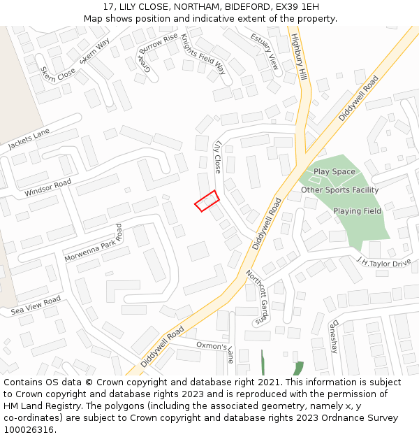 17, LILY CLOSE, NORTHAM, BIDEFORD, EX39 1EH: Location map and indicative extent of plot