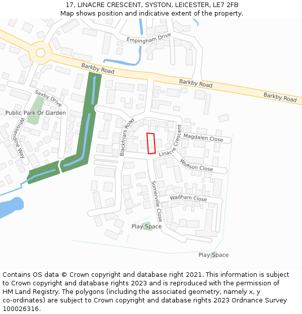 17, LINACRE CRESCENT, SYSTON, LEICESTER, LE7 2FB: Location map and indicative extent of plot