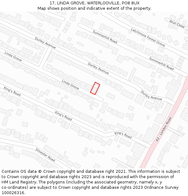 17, LINDA GROVE, WATERLOOVILLE, PO8 8UX: Location map and indicative extent of plot