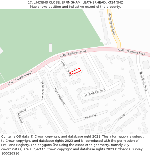 17, LINDENS CLOSE, EFFINGHAM, LEATHERHEAD, KT24 5NZ: Location map and indicative extent of plot