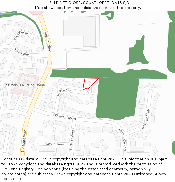 17, LINNET CLOSE, SCUNTHORPE, DN15 8JD: Location map and indicative extent of plot