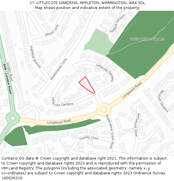 17, LITTLECOTE GARDENS, APPLETON, WARRINGTON, WA4 5DL: Location map and indicative extent of plot