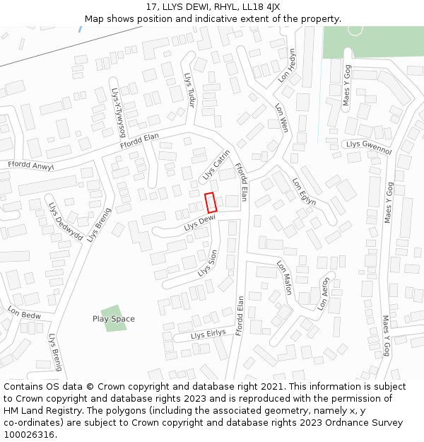 17, LLYS DEWI, RHYL, LL18 4JX: Location map and indicative extent of plot