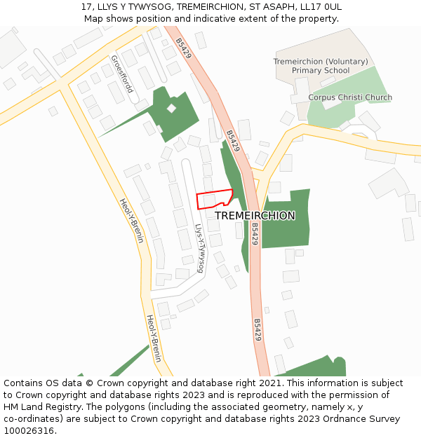 17, LLYS Y TYWYSOG, TREMEIRCHION, ST ASAPH, LL17 0UL: Location map and indicative extent of plot