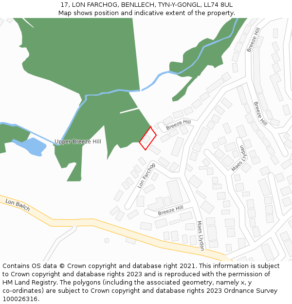 17, LON FARCHOG, BENLLECH, TYN-Y-GONGL, LL74 8UL: Location map and indicative extent of plot