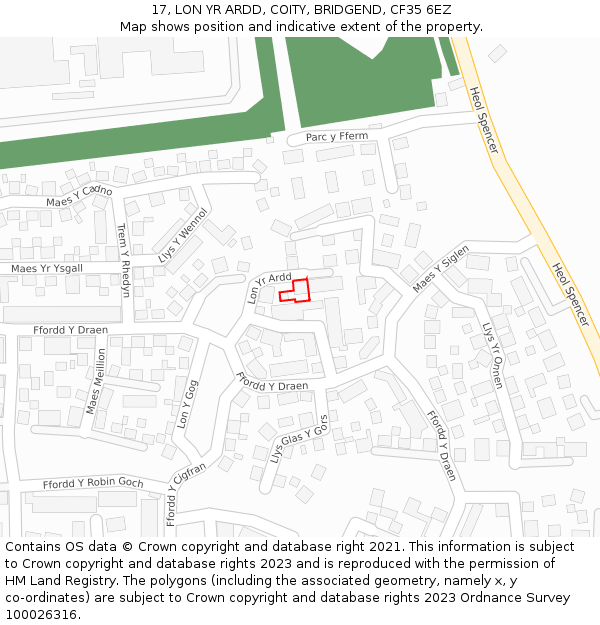 17, LON YR ARDD, COITY, BRIDGEND, CF35 6EZ: Location map and indicative extent of plot