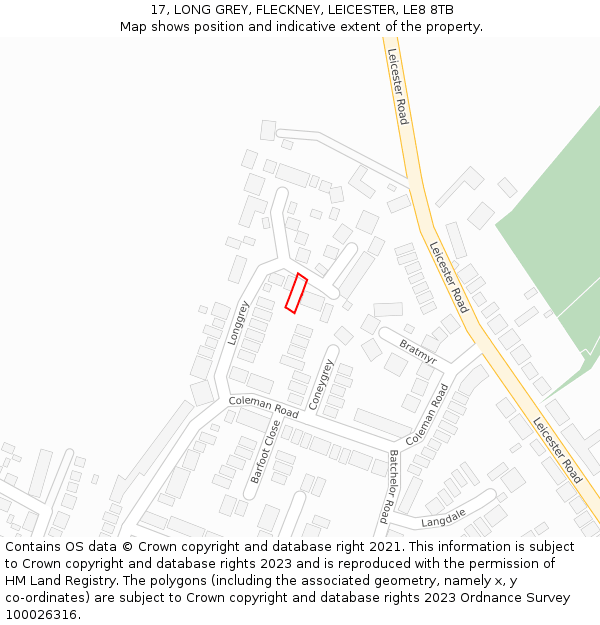 17, LONG GREY, FLECKNEY, LEICESTER, LE8 8TB: Location map and indicative extent of plot