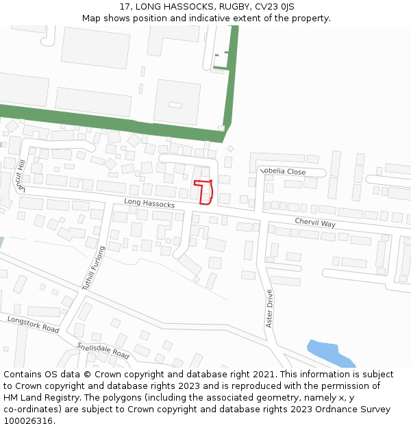 17, LONG HASSOCKS, RUGBY, CV23 0JS: Location map and indicative extent of plot