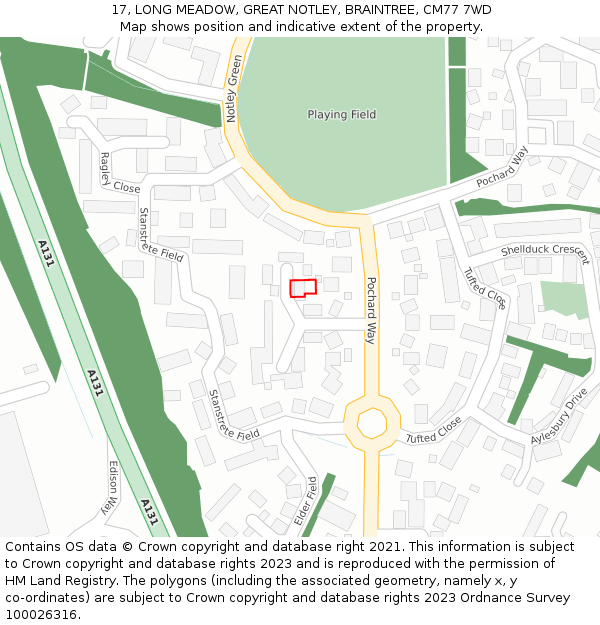 17, LONG MEADOW, GREAT NOTLEY, BRAINTREE, CM77 7WD: Location map and indicative extent of plot
