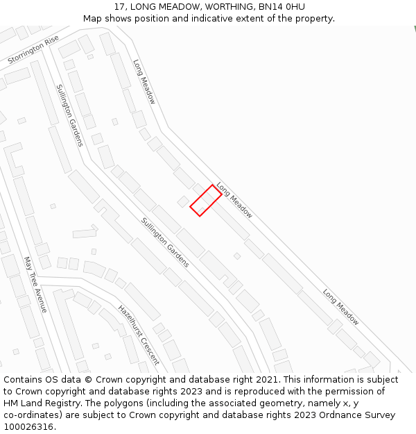 17, LONG MEADOW, WORTHING, BN14 0HU: Location map and indicative extent of plot