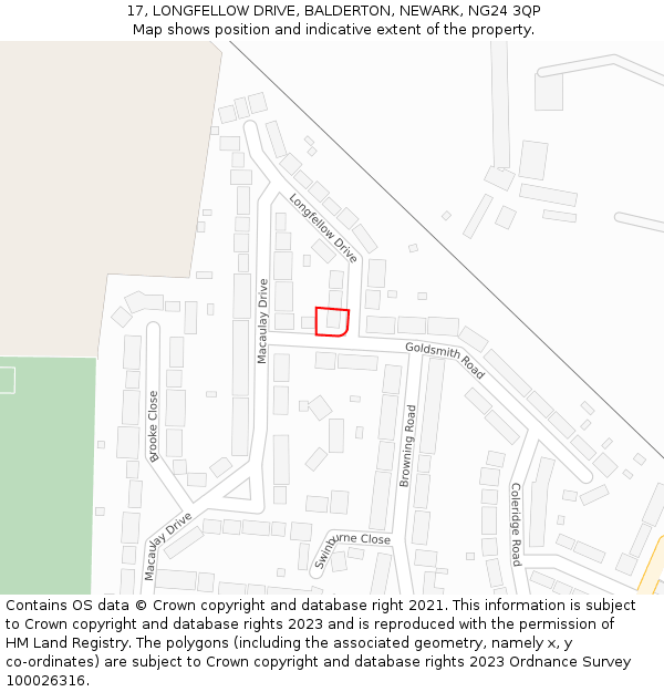 17, LONGFELLOW DRIVE, BALDERTON, NEWARK, NG24 3QP: Location map and indicative extent of plot