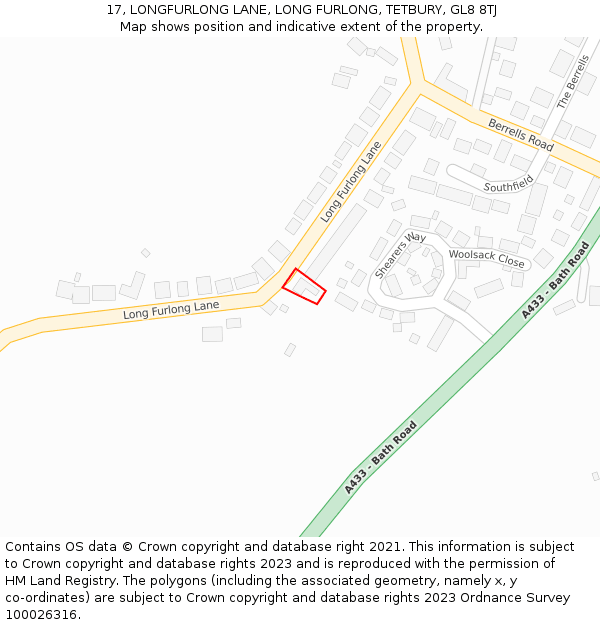 17, LONGFURLONG LANE, LONG FURLONG, TETBURY, GL8 8TJ: Location map and indicative extent of plot