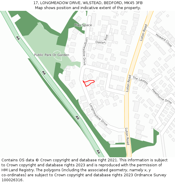17, LONGMEADOW DRIVE, WILSTEAD, BEDFORD, MK45 3FB: Location map and indicative extent of plot