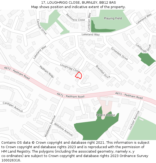 17, LOUGHRIGG CLOSE, BURNLEY, BB12 8AS: Location map and indicative extent of plot