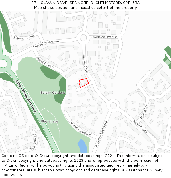 17, LOUVAIN DRIVE, SPRINGFIELD, CHELMSFORD, CM1 6BA: Location map and indicative extent of plot