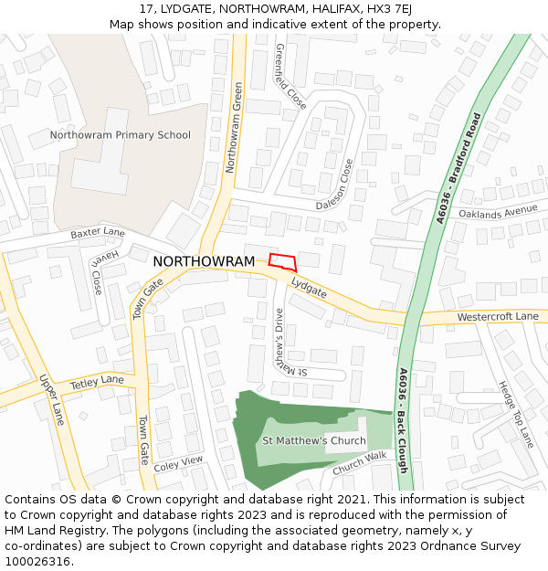 17, LYDGATE, NORTHOWRAM, HALIFAX, HX3 7EJ: Location map and indicative extent of plot