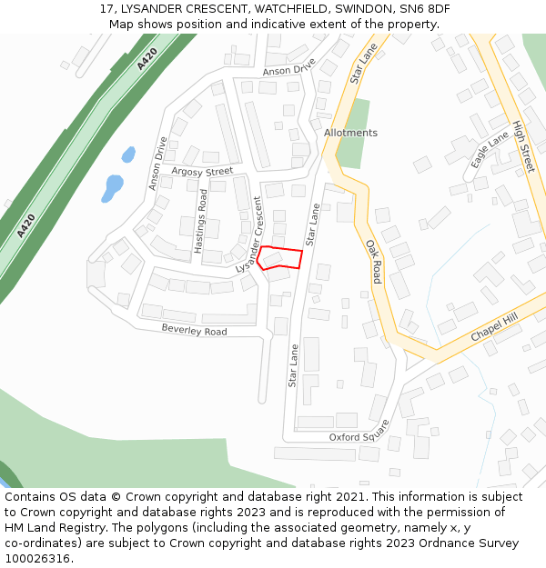 17, LYSANDER CRESCENT, WATCHFIELD, SWINDON, SN6 8DF: Location map and indicative extent of plot