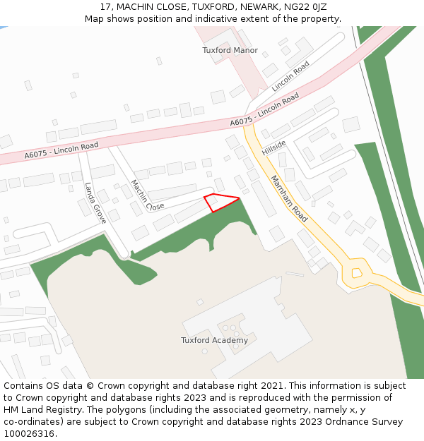 17, MACHIN CLOSE, TUXFORD, NEWARK, NG22 0JZ: Location map and indicative extent of plot