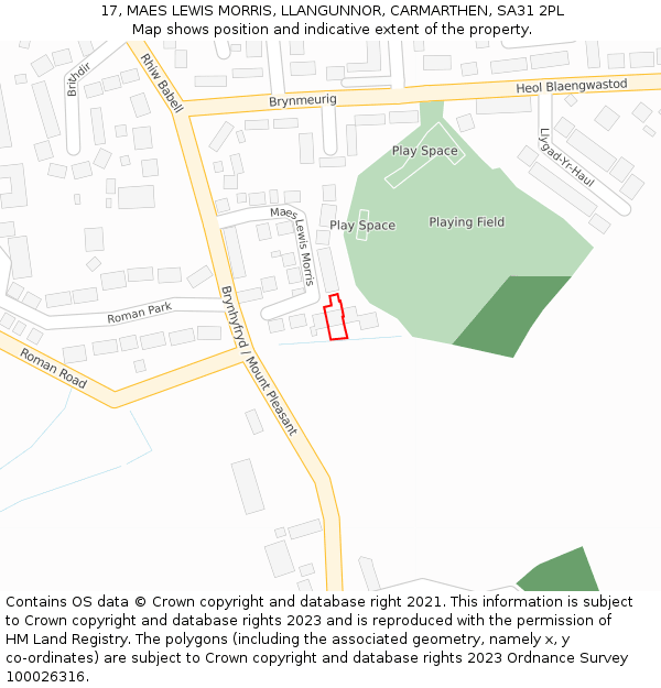 17, MAES LEWIS MORRIS, LLANGUNNOR, CARMARTHEN, SA31 2PL: Location map and indicative extent of plot