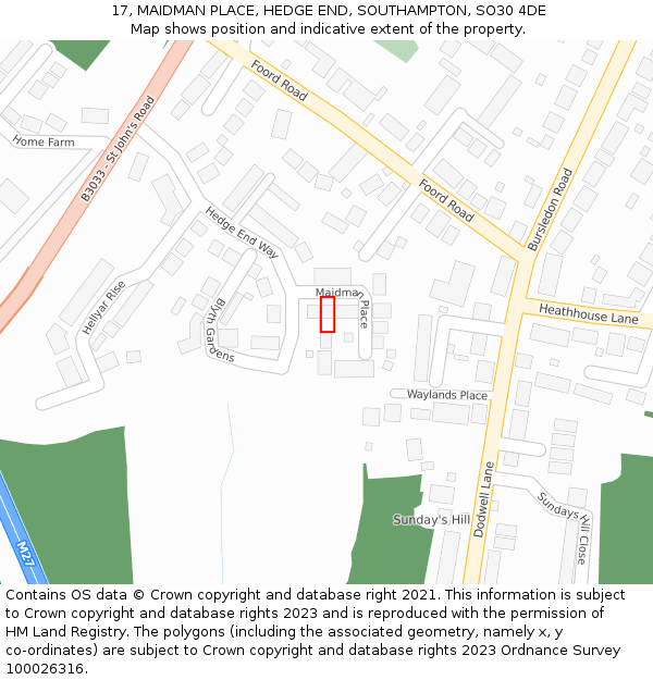 17, MAIDMAN PLACE, HEDGE END, SOUTHAMPTON, SO30 4DE: Location map and indicative extent of plot