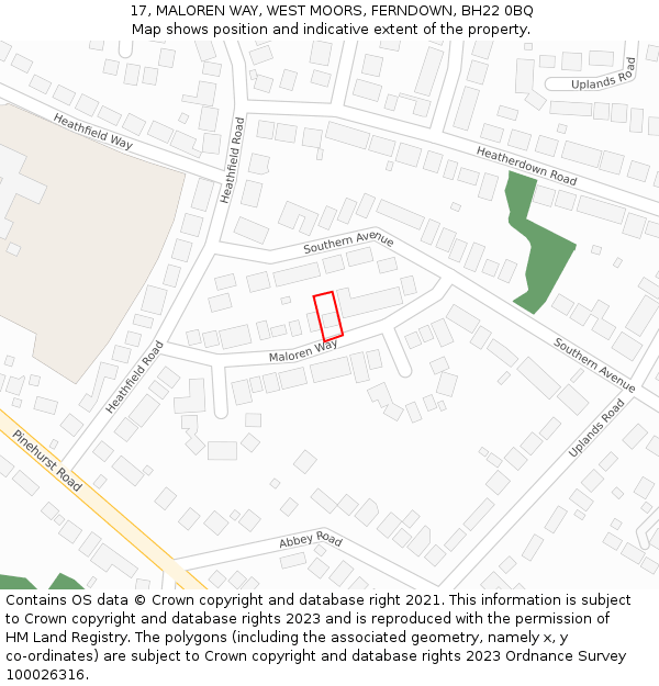 17, MALOREN WAY, WEST MOORS, FERNDOWN, BH22 0BQ: Location map and indicative extent of plot