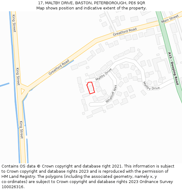 17, MALTBY DRIVE, BASTON, PETERBOROUGH, PE6 9QR: Location map and indicative extent of plot