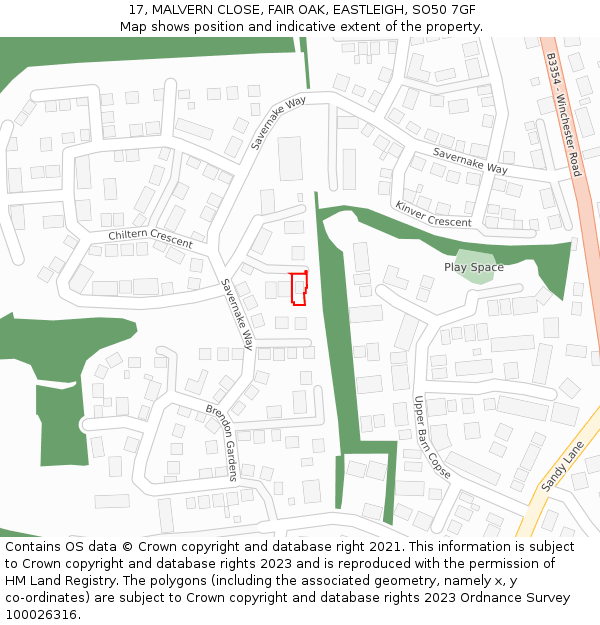 17, MALVERN CLOSE, FAIR OAK, EASTLEIGH, SO50 7GF: Location map and indicative extent of plot