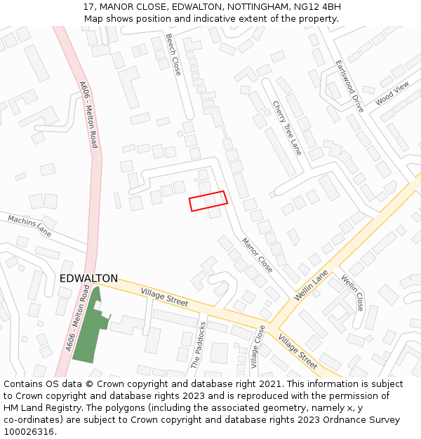 17, MANOR CLOSE, EDWALTON, NOTTINGHAM, NG12 4BH: Location map and indicative extent of plot