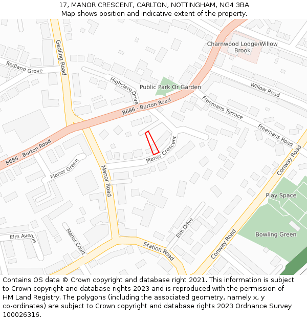 17, MANOR CRESCENT, CARLTON, NOTTINGHAM, NG4 3BA: Location map and indicative extent of plot