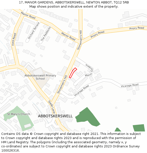 17, MANOR GARDENS, ABBOTSKERSWELL, NEWTON ABBOT, TQ12 5RB: Location map and indicative extent of plot