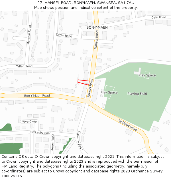 17, MANSEL ROAD, BONYMAEN, SWANSEA, SA1 7AU: Location map and indicative extent of plot