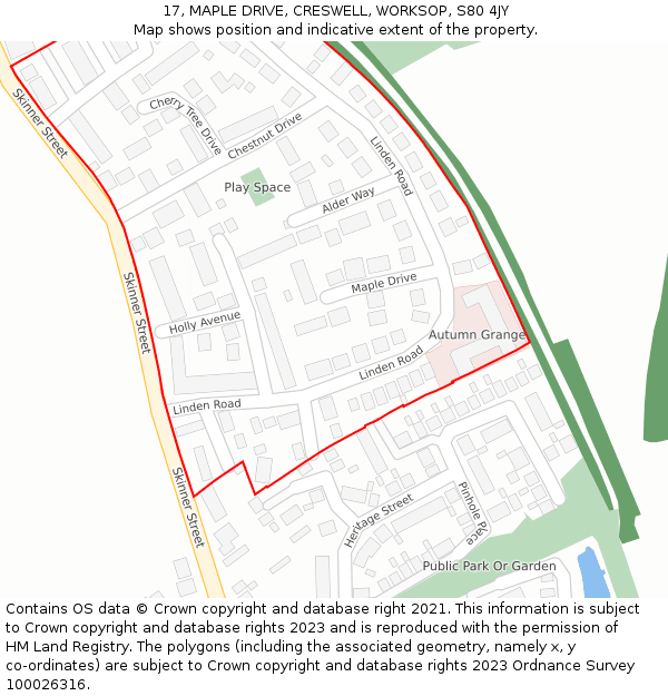 17, MAPLE DRIVE, CRESWELL, WORKSOP, S80 4JY: Location map and indicative extent of plot
