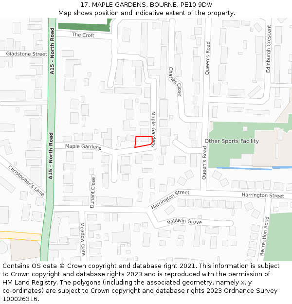 17, MAPLE GARDENS, BOURNE, PE10 9DW: Location map and indicative extent of plot