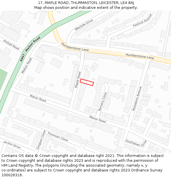 17, MAPLE ROAD, THURMASTON, LEICESTER, LE4 8AJ: Location map and indicative extent of plot
