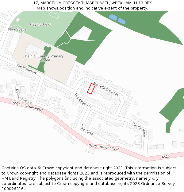 17, MARCELLA CRESCENT, MARCHWIEL, WREXHAM, LL13 0RX: Location map and indicative extent of plot
