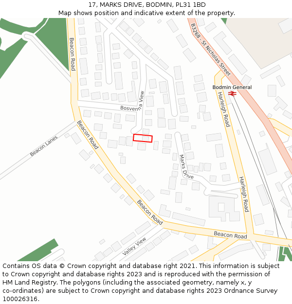17, MARKS DRIVE, BODMIN, PL31 1BD: Location map and indicative extent of plot