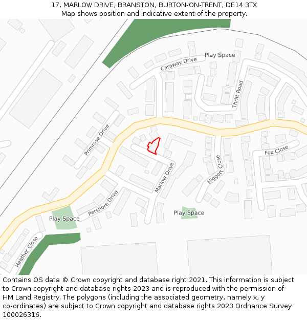 17, MARLOW DRIVE, BRANSTON, BURTON-ON-TRENT, DE14 3TX: Location map and indicative extent of plot