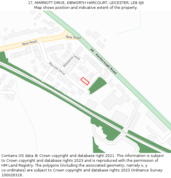 17, MARRIOTT DRIVE, KIBWORTH HARCOURT, LEICESTER, LE8 0JX: Location map and indicative extent of plot