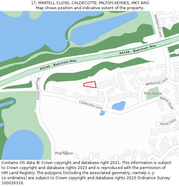 17, MARTELL CLOSE, CALDECOTTE, MILTON KEYNES, MK7 8AG: Location map and indicative extent of plot