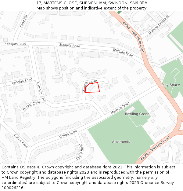 17, MARTENS CLOSE, SHRIVENHAM, SWINDON, SN6 8BA: Location map and indicative extent of plot