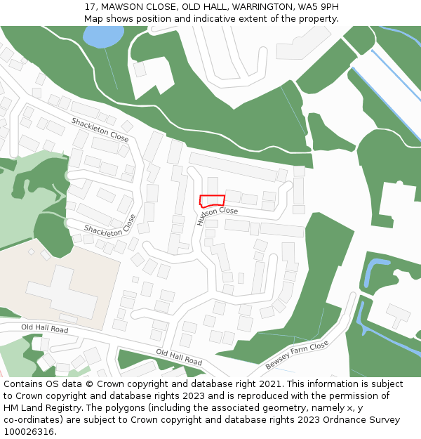 17, MAWSON CLOSE, OLD HALL, WARRINGTON, WA5 9PH: Location map and indicative extent of plot