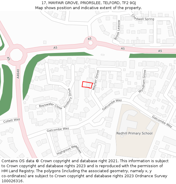 17, MAYFAIR GROVE, PRIORSLEE, TELFORD, TF2 9GJ: Location map and indicative extent of plot