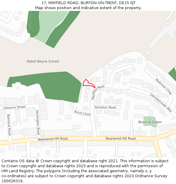 17, MAYFIELD ROAD, BURTON-ON-TRENT, DE15 0JT: Location map and indicative extent of plot