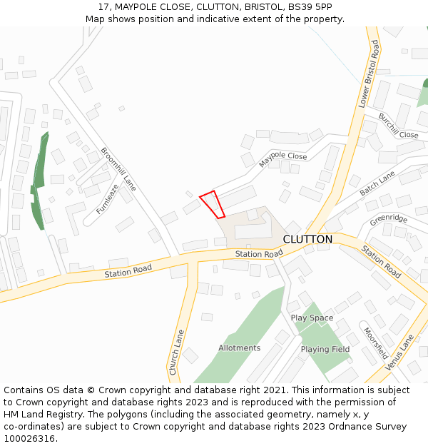 17, MAYPOLE CLOSE, CLUTTON, BRISTOL, BS39 5PP: Location map and indicative extent of plot