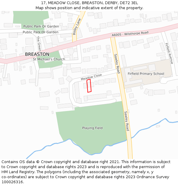 17, MEADOW CLOSE, BREASTON, DERBY, DE72 3EL: Location map and indicative extent of plot