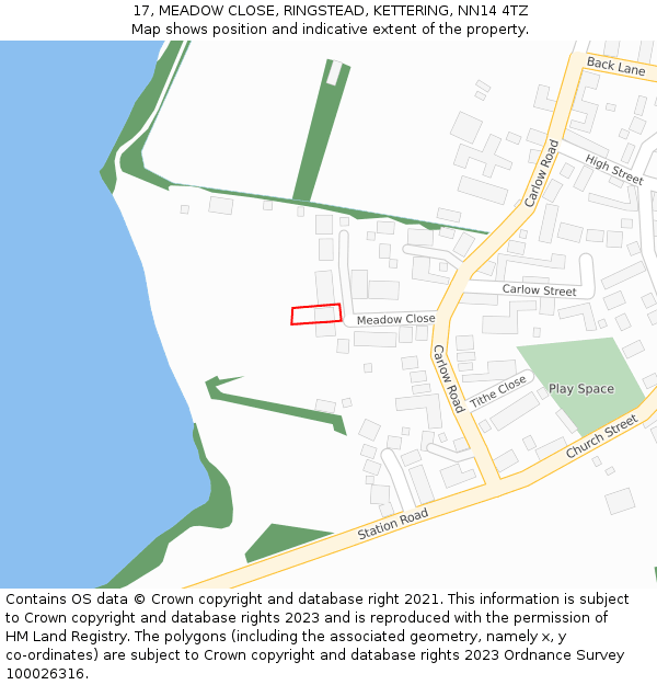 17, MEADOW CLOSE, RINGSTEAD, KETTERING, NN14 4TZ: Location map and indicative extent of plot