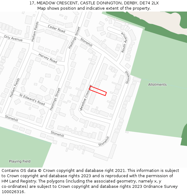 17, MEADOW CRESCENT, CASTLE DONINGTON, DERBY, DE74 2LX: Location map and indicative extent of plot