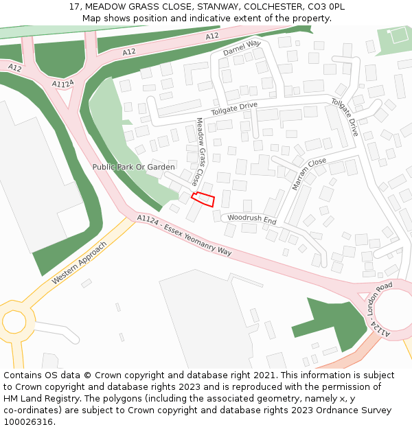 17, MEADOW GRASS CLOSE, STANWAY, COLCHESTER, CO3 0PL: Location map and indicative extent of plot